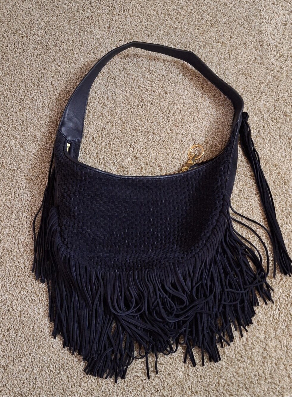 Black Suede Woven Fringe Bag